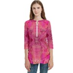 Pink Pour  Women s Zip Front V-Neck 3/4 Sleeve Casual Top Pocket Shirt