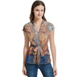 Blue flow Women s Cap Sleeve Mandarin Collar Waist Tie Blouse