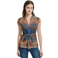 Women s Cap Sleeve Mandarin Collar Waist Tie Blouse 