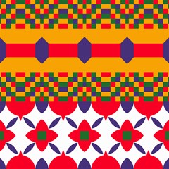 red flowers and colorful squares