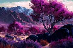 landscape painting purple trees