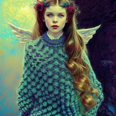 beautiful angel girl in blue knit poncho