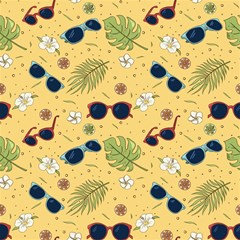 seamless pattern of sunglasses tropical leaves and flowers