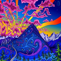 blue and purple mountain painting psychedelic colorful lines
