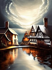 village reflections snow sky dramatic town house cottages pond lake city