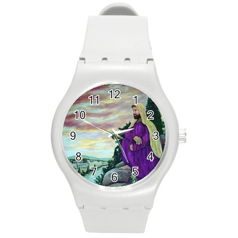 Jesus Looking At The Temple   Ave Hurley  Ah 001 159 Round Plastic Sport Watch Medium from ArtsNow.com Front