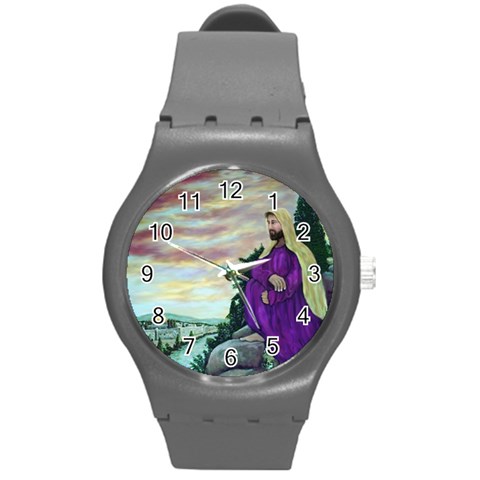 Jesus Looking At The Temple   Ave Hurley  Ah 001 159 Round Plastic Sport Watch Medium from ArtsNow.com Front