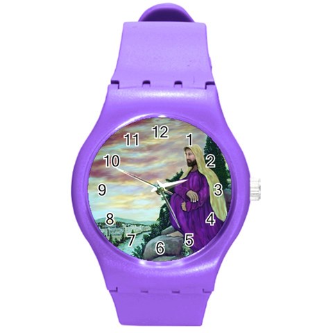 Jesus Looking At The Temple   Ave Hurley  Ah 001 159 Round Plastic Sport Watch Medium from ArtsNow.com Front