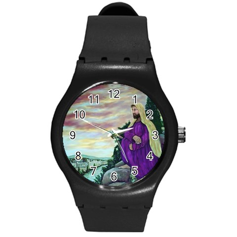Jesus Looking At The Temple   Ave Hurley  Ah 001 159 Round Plastic Sport Watch Medium from ArtsNow.com Front
