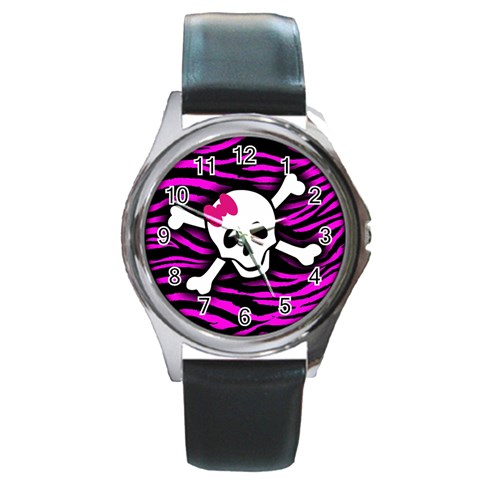 Pink Zebra Skull Round Metal Watch from ArtsNow.com Front