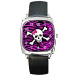 Pink Zebra Skull Square Metal Watch