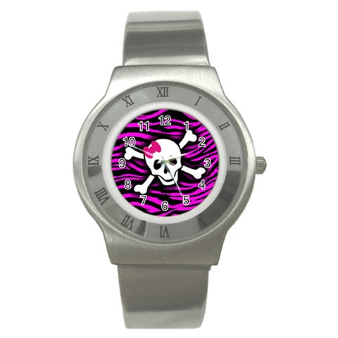 Pink Zebra Skull Stainless Steel Watch from ArtsNow.com Front