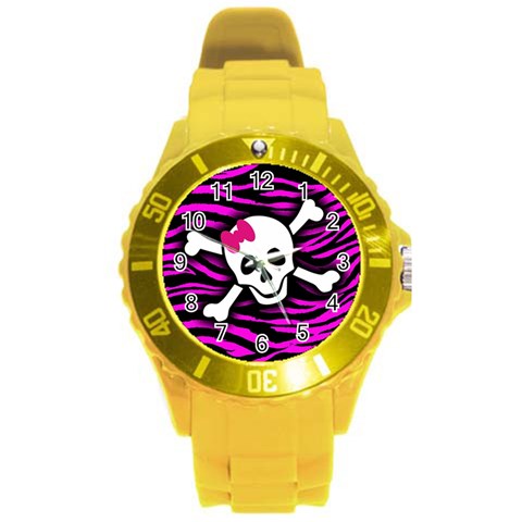Pink Zebra Skull Round Plastic Sport Watch Large from ArtsNow.com Front