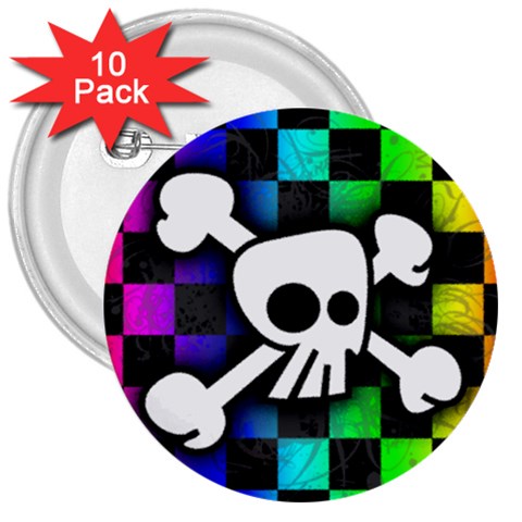 Checker Rainbow Skull 3  Button (10 pack) from ArtsNow.com Front