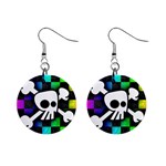 Checker Rainbow Skull 1  Button Earrings