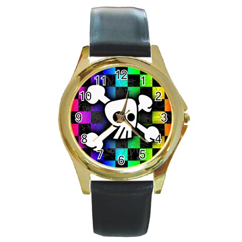 Checker Rainbow Skull Round Gold Metal Watch from ArtsNow.com Front