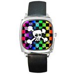 Checker Rainbow Skull Square Metal Watch