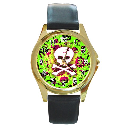 Deathrock Skull & Crossbones Round Gold Metal Watch from ArtsNow.com Front