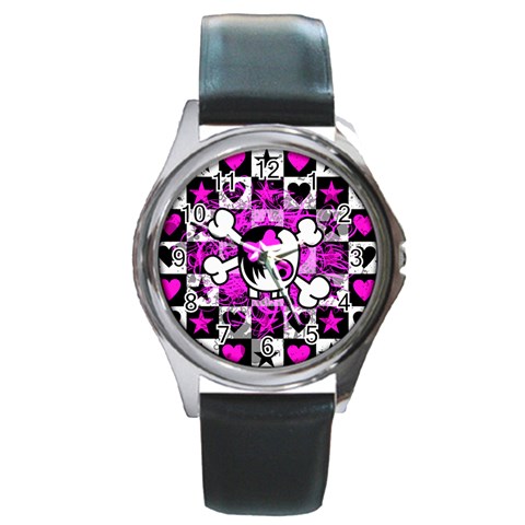 Emo Scene Girl Skull Round Metal Watch from ArtsNow.com Front