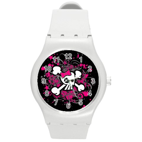 Girly Skull & Crossbones Round Plastic Sport Watch Medium from ArtsNow.com Front