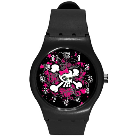 Girly Skull & Crossbones Round Plastic Sport Watch Medium from ArtsNow.com Front