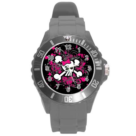 Girly Skull & Crossbones Round Plastic Sport Watch Large from ArtsNow.com Front