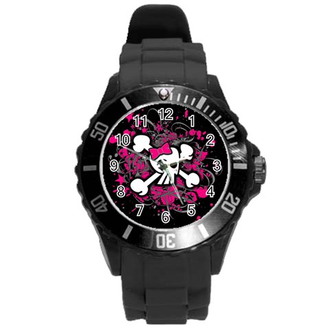 Girly Skull & Crossbones Round Plastic Sport Watch Large from ArtsNow.com Front