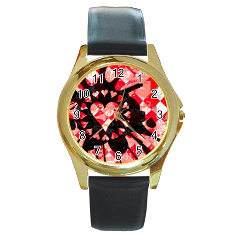 Love Heart Splatter Round Gold Metal Watch from ArtsNow.com Front
