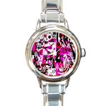 Pink Checker Graffiti Round Italian Charm Watch
