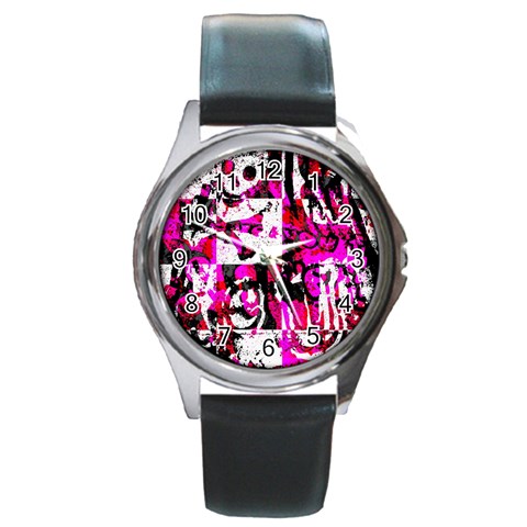 Pink Checker Graffiti Round Metal Watch from ArtsNow.com Front