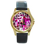 Pink Checker Graffiti Round Gold Metal Watch