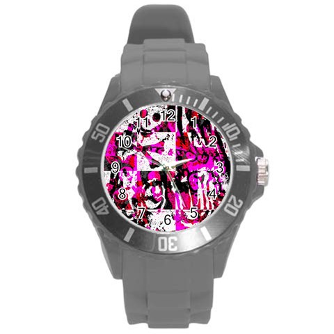 Pink Checker Graffiti Round Plastic Sport Watch Large from ArtsNow.com Front