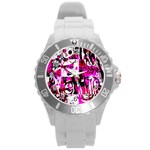 Pink Checker Graffiti Round Plastic Sport Watch Large