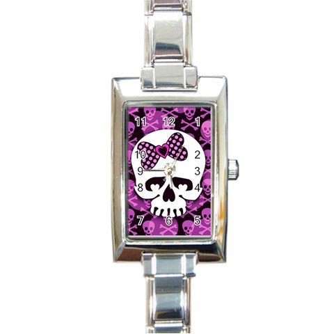 Pink Polka Dot Bow Skull Rectangular Italian Charm Watch from ArtsNow.com Front
