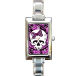 Pink Polka Dot Bow Skull Rectangular Italian Charm Watch