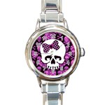 Pink Polka Dot Bow Skull Round Italian Charm Watch