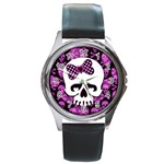 Pink Polka Dot Bow Skull Round Metal Watch