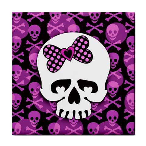 Pink Polka Dot Bow Skull Tile Coaster from ArtsNow.com Front