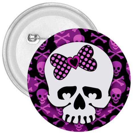 Pink Polka Dot Bow Skull 3  Button from ArtsNow.com Front