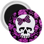 Pink Polka Dot Bow Skull 3  Magnet