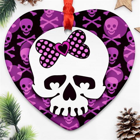 Pink Polka Dot Bow Skull Ornament (Heart) from ArtsNow.com Front