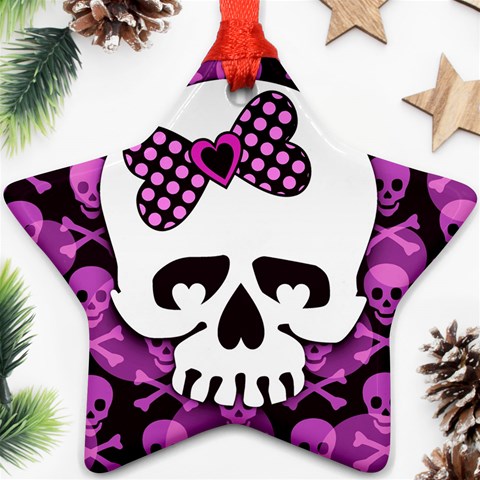 Pink Polka Dot Bow Skull Ornament (Star) from ArtsNow.com Front