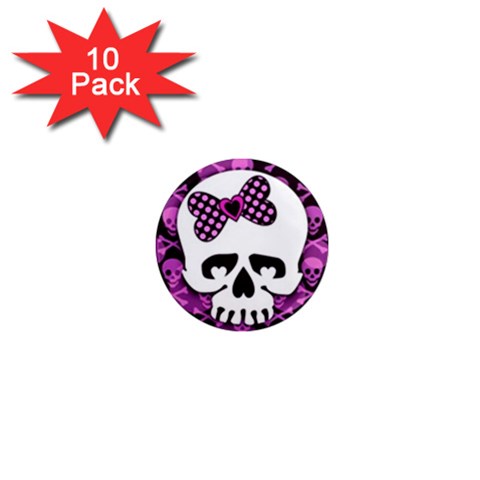 Pink Polka Dot Bow Skull 1  Mini Magnet (10 pack)  from ArtsNow.com Front