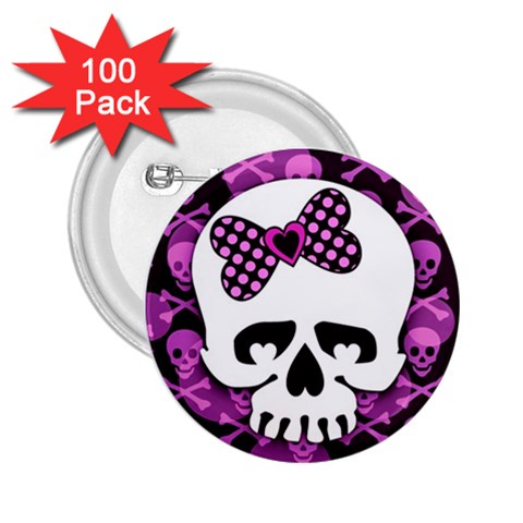 Pink Polka Dot Bow Skull 2.25  Button (100 pack) from ArtsNow.com Front