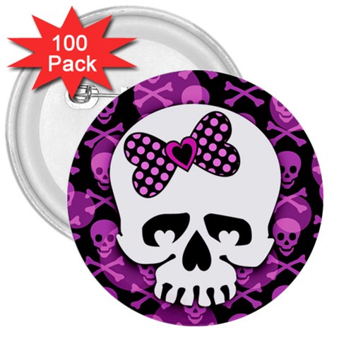 Pink Polka Dot Bow Skull 3  Button (100 pack) from ArtsNow.com Front