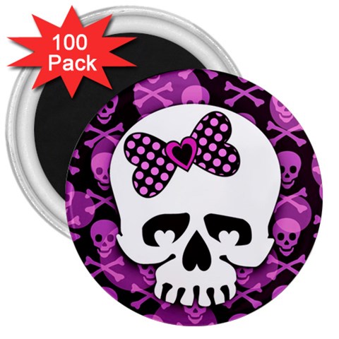 Pink Polka Dot Bow Skull 3  Magnet (100 pack) from ArtsNow.com Front