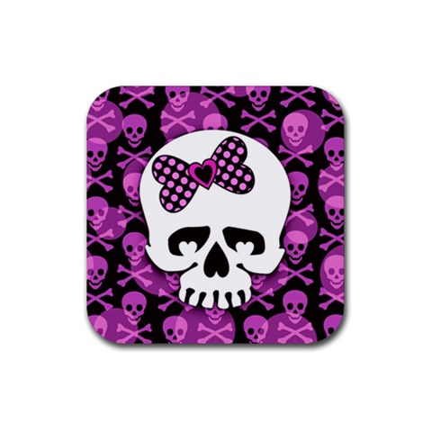 Pink Polka Dot Bow Skull Rubber Coaster (Square) from ArtsNow.com Front