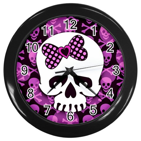 Pink Polka Dot Bow Skull Wall Clock (Black) from ArtsNow.com Front