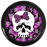 Pink Polka Dot Bow Skull Wall Clock (Black)