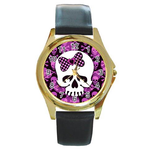 Pink Polka Dot Bow Skull Round Gold Metal Watch from ArtsNow.com Front